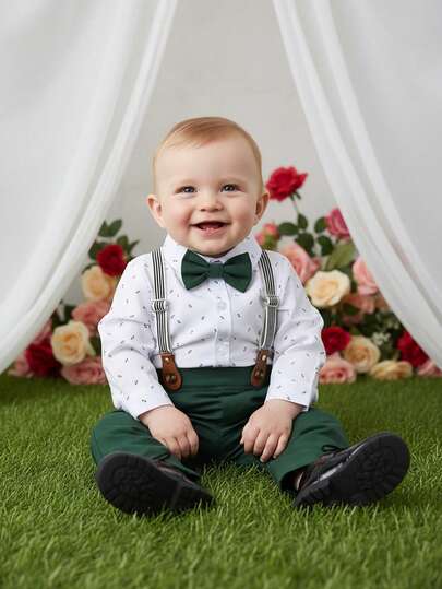BOARNSEORL 2pcs Baby Boys Gentleman Outfit, Long Sleeve Shirt With Bow Tie And Overalls, Fashionable And Dapper, Suitable For Parties, Birthdays, 1st Birthday, Weddings