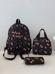 3pcs Strawberry Print Backpack Set, Including Backpack, Lunch Bag And Pencil Case, With Laptop Compartment, Adjustable Straps And Multiple Pockets, High Capacity Student Backpack, Multipurpose Daily Bag, Suitable For Girls/College Students/Graduates For Daily Use/Vacation/Travel/Back To School - Multicolor - View 10