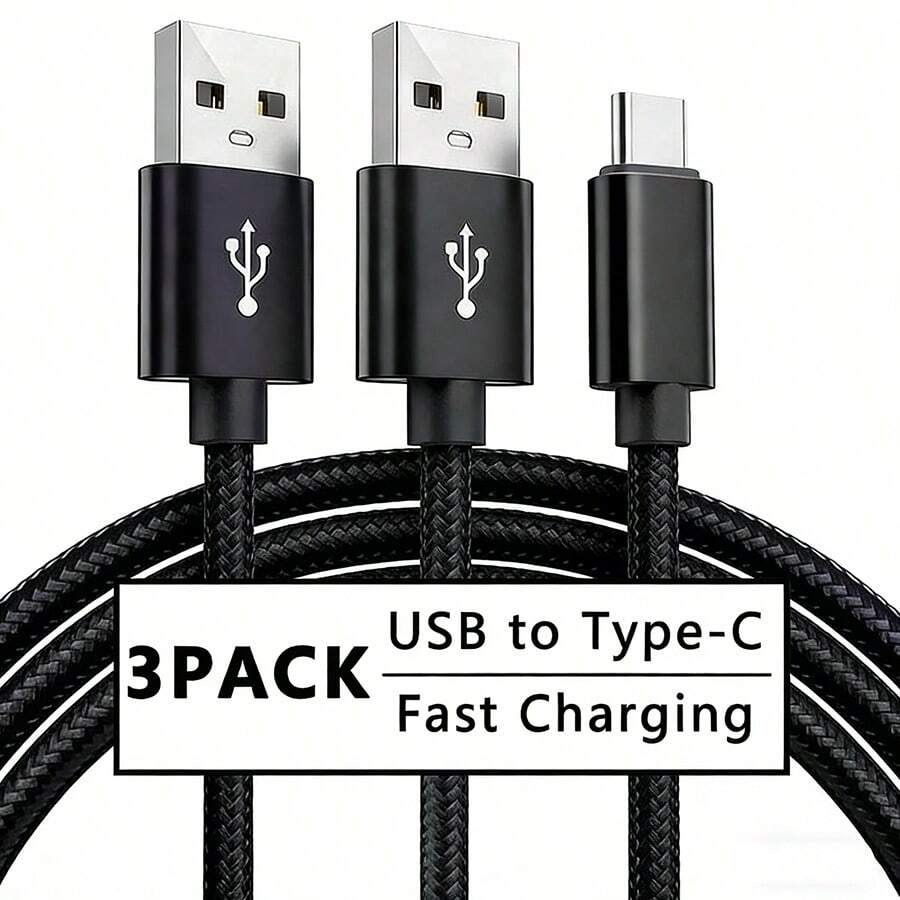3pcs USB-A To USB-C Fast Charging Cables, 3.3ft/6.6ft/10ft Nylon Braided USB Type-C Charging Cords, Compatible With Samsung Galaxy S25, S24, S23, S22, S21, Vivo, Oppo, Redmi Phones, 16, 16 Pro Max, 15, 15 Plus, 15 Pro, 15 Pro Max, Redmi, OnePlus - 3 Black - View 1
