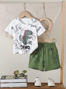 Set de 2 piezas Conjunto informal de ropa exterior para bebés recién nacidos niños, camiseta blanca de cuello redondo con estampado de letra "DINO" de dinosaurio lindo y deportivo, y pantalones cortos verdes de cintura elástica, primavera/verano - Multicolor - Ver 3