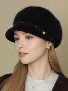1顶女士水钻装饰针织贝雷帽，简约百搭针织帽，优雅复古英伦风云朵贝雷帽，闪亮亮片休闲通勤针织帽，适合日常佩戴，秋冬季 - A - 查看 3