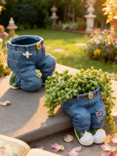 Cute Denim Pants Shaped Planter Pot, Creative Resin Flower Pot With Belt & Shoe Details, Ideal For Succulents, Herbs & Trailing Plants, Whimsical Garden Decor For Outdoor Patio, Balcony Or Indoor Shelf, Unique Gift For Plant Lovers & Garden Enthusiasts