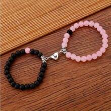 A Set Of 2 Elastic Bracelets With Heart-Shaped Beads, Perfect For Couples Or Girlfriends. Valentine's Day Gift - Hồng - Xem 4
