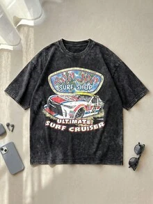 Ron Jons Surf Shop Toyotas NASCARS Racing Graphic Tee Acid Washed Cotton Shirt Unisex Couple Matching Boyfriend Style Ultimate Surf Cruiser Text Stock Car Print Retro 90s Aesthetic Summer Outfits Graphic Tees Men Oversized T Shirt - Black - View 1