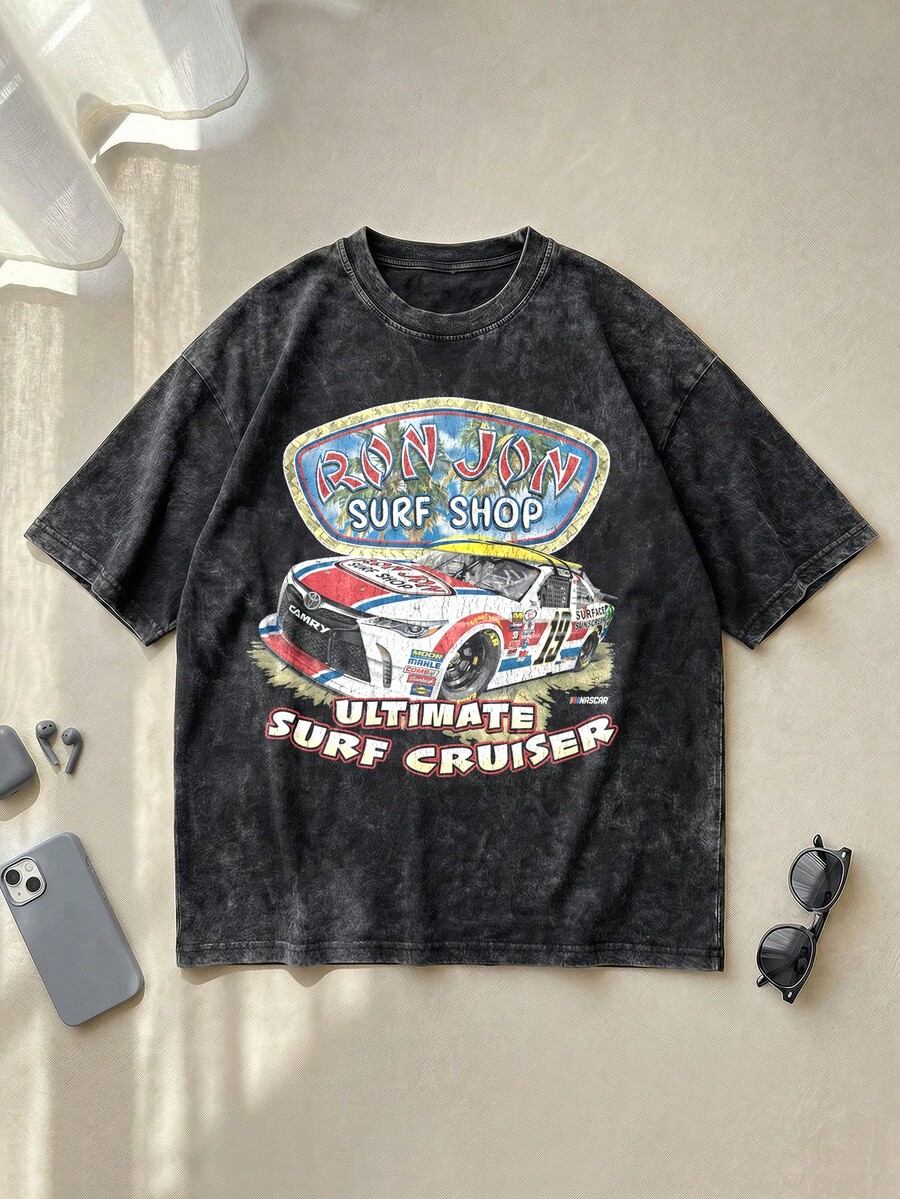 Ron Jons Surf Shop Toyotas NASCARS Racing Graphic Tee Acid Washed Cotton Shirt Unisex Couple Matching Boyfriend Style Ultimate Surf Cruiser Text Stock Car Print Retro 90s Aesthetic Summer Outfits Graphic Tees Men Oversized T Shirt - Black - View 1