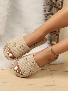 Pantuflas suaves y cómodas con estampado de gato de dibujos animados para mujer, de punta abierta, fáciles de poner, ligeras y adecuadas para la sala de estar y el dormitorio, para todo el año - Caqui - Ver 5