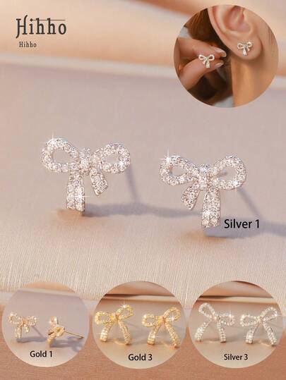 Hihho 1 Pair Bow Design Earrings, Suitable For Daily Wear And Party Accessories, Showcasing A Sweet Feminine Style, Elegant Wedding, Valentine's Day, Christmas Gift