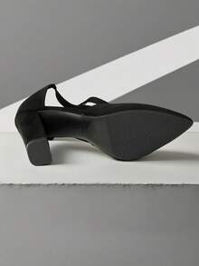 Nuevas sandalias de tacón grueso negro con diseño calado, sandalias de tacón alto para mujer con punta cerrada y tiras, tacones puntiagudos tipo slip-on para el trabajo y uso diario - Negro - Ver 8