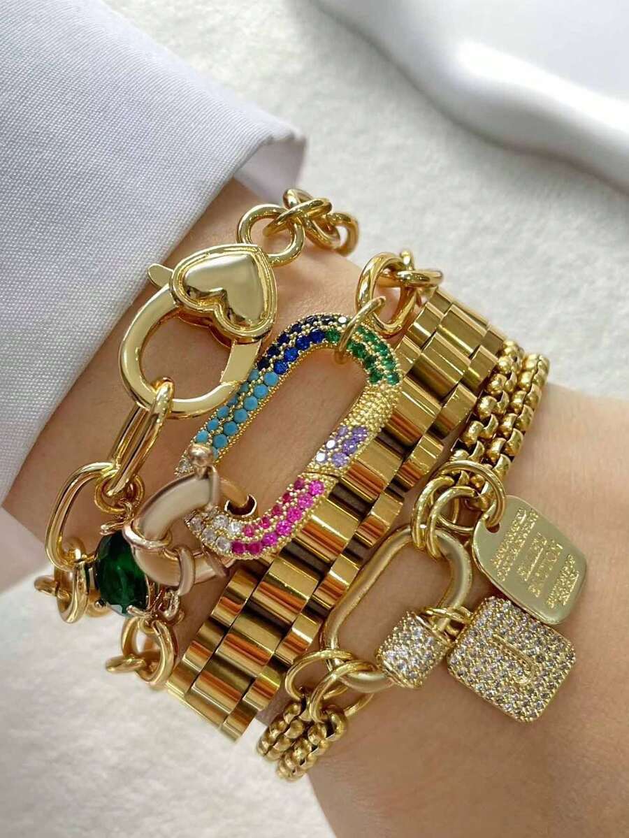 STYLEVER 1件装金色A-Z字母手链，螺丝扣链条，简约钻石镶嵌字母吊坠，不锈钢链条，魅力独特手链，适合日常佩戴、派对和宴会装饰 - 金黃色 - 查看 1