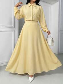 女士春秋季编织领长袖系带休闲两件套女装 - 黃色 - 查看 8