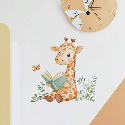 1pc Cartoon Animal Cute Giraffe Reading Books Wall Decal, Inspirational Removable Butterfly Flower Art Wall Sticker For Bedroom Living Room Book Decor Library Background Wall Decor