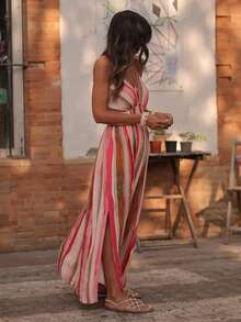 ZIMO Jasmine Rainbow Stripe Halter Dress, Waist Cinched Slim Fit Side Slit Maxi Dress, Romantic Fairy Vibe, Ideal For Commute, Travel Photoshoots & Vacations, Spring Summer Outfit - Red - View 7