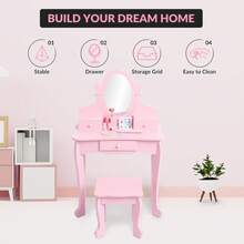 Tocador infantil con espejo de ángulo ajustable, juego de tocador y silla para niñas con espejo, taburete y juego de maquillaje de madera, color rosa. - Rosa - Ver 4