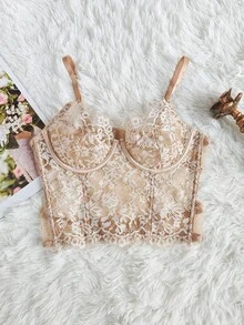 Floral Lace Deep V-Neck Camisole - Sheer Mesh Tank Top - Apricot - View 2