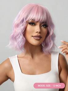 12英寸流行粉色挑染深波浪波波头假发，清新创意，耐热合成纤维，配有可调节透气帽，透气性好。 - 挑染粉色 - 查看 5