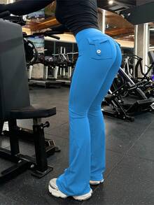 VOYJOY Flare Leggings With Pockets For Women Brittany Leggings Workout Leggings For Women Butt Lifting Gym Yoga Leggings Y2K Summer Clothes For Women - 藍色 - 查看 3