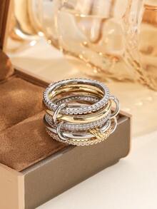 Set de 5 anillos ajustables multicapa elegantes y personalizados con circonita cúbica colorida, joyería versátil para mujeres - Anillo 2 - Ver 5