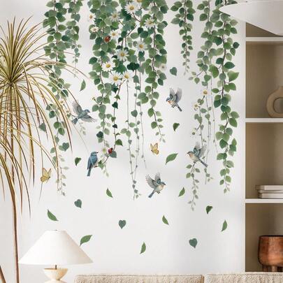 2pcs Removable Vine Flower Bird Background Wall Decor Stickers, Bedroom Wall Decor