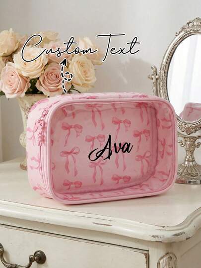 Túi đựng mỹ phẩm PVC trong suốt có thể tùy chỉnh, in hình nơ, chống thấm nước, thiết kế khóa kéo tiện dụng, phong cách tối giản, có thể dán chữ tùy chỉnh, túi đựng đồ vệ sinh cá nhân du lịch cho nữ, quà tặng cho mẹ, túi đi biển, túi đựng khăn tắm biển, đồ dùng cần thiết khi đi biển, quà tặng mùa thu/đông, quà tặng ngày Valentine.