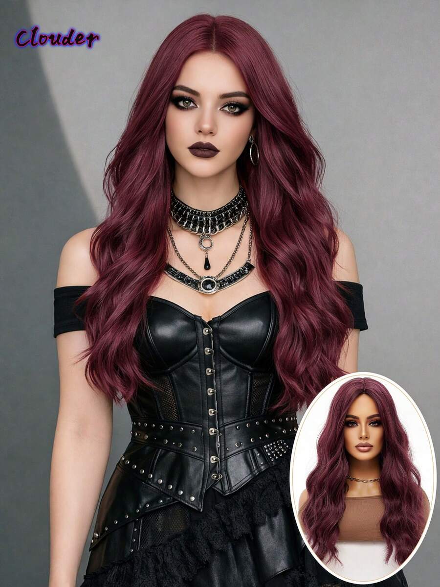 Gothic Punk Grape Red Long Wavy Curls Wig 26-Inch Center Part Bangs Heat-Resistant Synthetic Fiber Wig Women's Soft Voluminous Curls Suitable For Daily Cosplay, Street Style, Holiday Parties, Music Festivals, Y2K Aesthetic, Avant-Garde College Style, Modern Fashion Punk Looks - 中紫紅色 - 查看 1