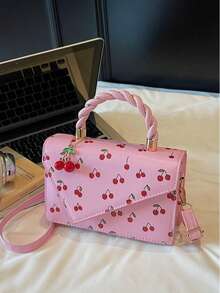 女孩可爱樱桃印花女士钱包，编织手柄女士手提包，不对称女士托特包，翻盖女士单肩包，适合女孩，办公，日常通勤，休闲，摄影，度假，礼物 - 彩色 - 查看 8