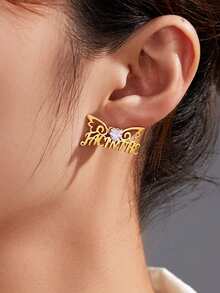 1SET Personalized Customized Wing Heart Set, Inlaid With Heart-Shaped Zirconia, Earring+Necklace Set, Stainless Steel Necklace Jewelry Set, Zirconia Inlay, Including Gift Box, As A Gift For Ramadan, Valentine's Day, And Mother's Day. - Gold - View 4