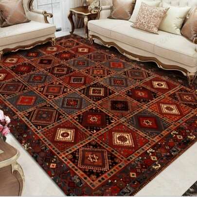 1pc Red And Black Geometric Pattern Area Rug - Soft Plush Feel, Multiple Sizes, Suitable For Living Room, Bedroom Or Outdoor Space, Living Room Carpet, Easy To Clean, Washable. Natural, Comfortable Carpet, Bedside Carpet, Bedroom Carpet, Study Carpet, Living Room Carpet, Home Decor Carpet, Printed Carpet, Window Sill Carpet, Can Be Used As Home Decor Carpet. Plush Carpet, Thickened Carpet, Thick Carpet, Furry Carpet, Thickened Carpet, Fleece Carpet, Thickened/Plush Autumn And Winter Carpet.