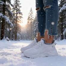 Breathable Mesh Sneakers] Lightweight Breathable Mesh Sneakers - Non-Slip EVA Sole, Comfortable Ankle Support, Lace-Up Low-Top Running & Tennis Shoes For Men And Women, Retro Style, All-Season Wear, Fitness Wear - 白色加絨 - 查看 1