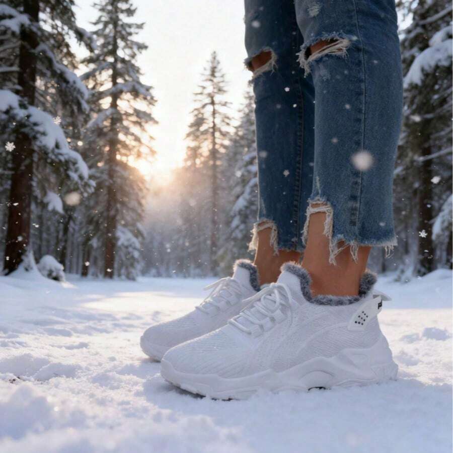 Breathable Mesh Sneakers] Lightweight Breathable Mesh Sneakers - Non-Slip EVA Sole, Comfortable Ankle Support, Lace-Up Low-Top Running & Tennis Shoes For Men And Women, Retro Style, All-Season Wear, Fitness Wear - 白色加絨 - 查看 1