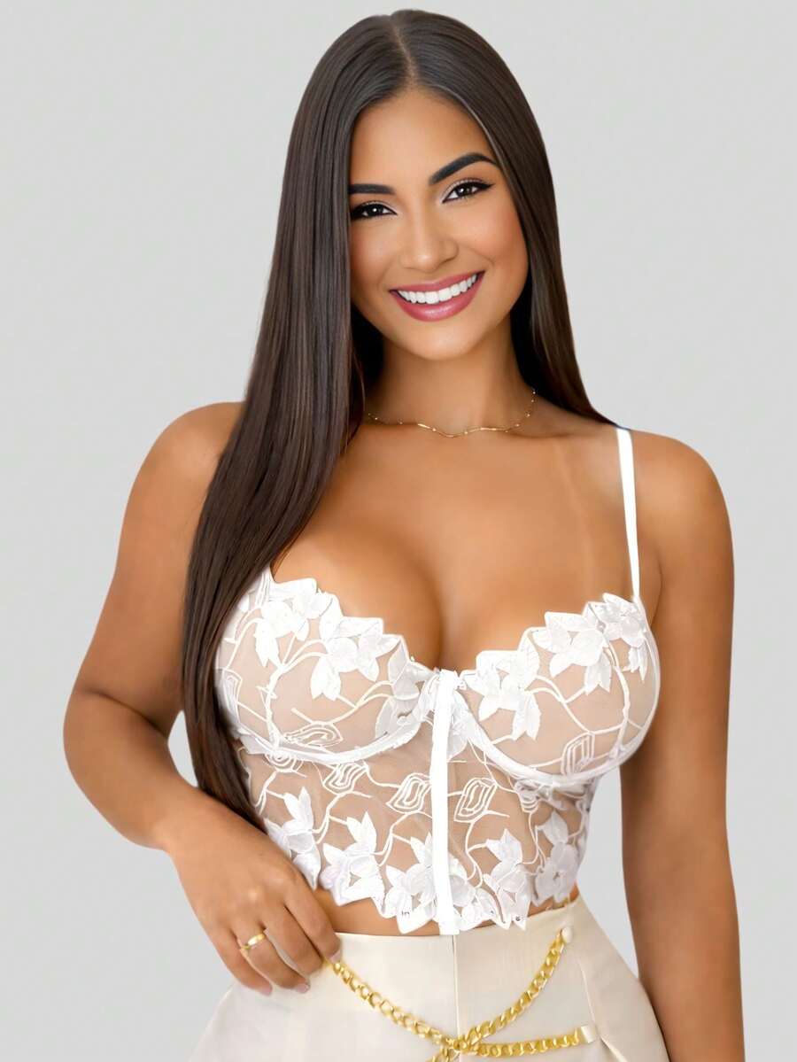 Women's Cropped Lace Top With Thin Straps - Women's Fashion - trắng - Xem 1