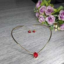 Conjunto de Choker aro em V e Brinco de Pedras - Vermelho - Visão 2