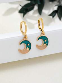 1 Par de Brincos Pendentes de Alta Qualidade com Estampa de Estrela e Lua para Mulheres, Acessórios da Moda com Esquema de Cores Estiloso, Adequado para Uso Diário e Presente em Festivais - Verde - Visão 4