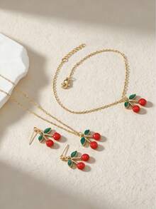 4件套精致项链手链组合，搭配可爱耳环，不锈钢材质链条，可爱樱桃度假风首饰套装。是女士毕业聚会和休闲派对的完美礼物。 - 櫻桃 - 查看 1