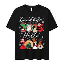 2025 Hello 2026 Tees Happy New Year's Christmas Gift Tren-Dy Unisex Cotton T-Shirts Festive Party Cel - 黑色2 - 查看 1