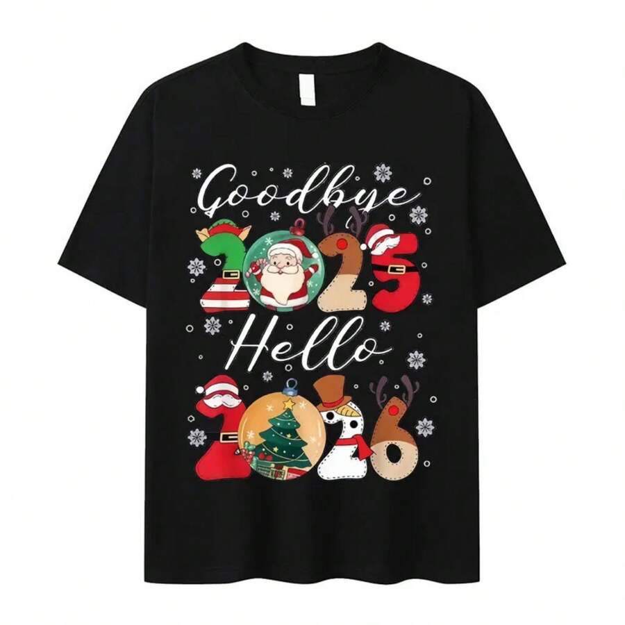 2025 Hello 2026 Tees Happy New Year's Christmas Gift Tren-Dy Unisex Cotton T-Shirts Festive Party Cel - 黑色2 - 查看 1