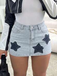 Minifalda de mezclilla recta y elegante para mujer con parches de estrellas, de tela elástica media, casual de verano - Azul - Ver 4