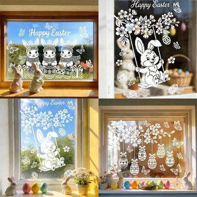 1/3 قطعة ملصقات أرانب وبيض للنوافذ للاحتفال بعيد الفصح، ملصقات ذات جانبين لاصقة على الزجاج للنوافذ والغرف المعيشية، ديكورات عيد الربيع والأعياد