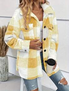 Women Casual Plaid Fuzzy Button Front Jacket For Daily Wear In Autumn/Winter Fall Cloth For Women  Warm And Fashionable, Yellow And White Plaid Faux Fur Cropped Jacket, Notch Lapel With Single-Breasted Buttons, Retro And Eye-Catching; Cropped Silhouette, Elongates Legs By Lifting The Waistline Material: Faux Fur Fabric, Soft And Fluffy, Excellent Warmth Retention; Comfortable And Skin-Friendly To Wear Fit: Loose And Slimming, Highly Inclusive Of Body Shapes, Hides Flesh And Fashionable - 黃色 - 查看 2