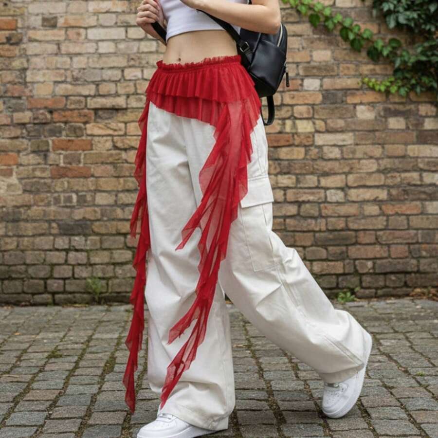 Women's Hip Scarf Elegant Solid Color Asymmetric Ruffled Waist Belt Skirt For Party Carnival Wear - 紅色 - 查看 1