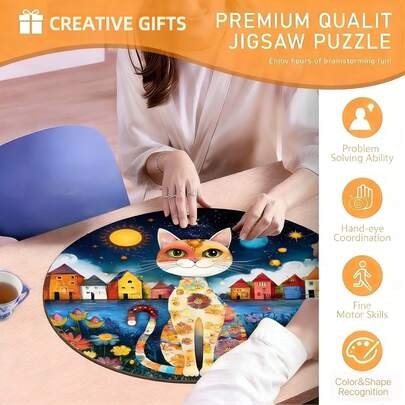 500片彩色优雅猫咪木质拼图，适合青少年和成人，创意治愈系不对称动物造型神奇木质拼图玩具，完美的生日、节日礼物、家居装饰、休闲益智游戏
