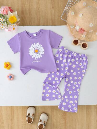 2pcs/Set Baby Girls Daisy Print Short Sleeve T-Shirt And Flare Pants Outfit, Suitable For Summer