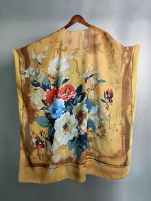 优雅夏季印花雪纺波西米亚风和服罩衫，沙滩旅行度假女士长款浴袍披肩沙滩防晒罩衫 - 卡其色 - 查看 2