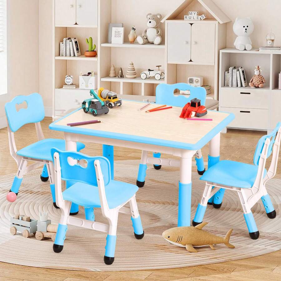 Juego de mesa y 4 sillas para niños, altura ajustable de 81 cm, patas antideslizantes, organizador de escritorio con diseño de grafiti, mesas de manualidades para actividades preescolares (azul) - Azul menta - Ver 1