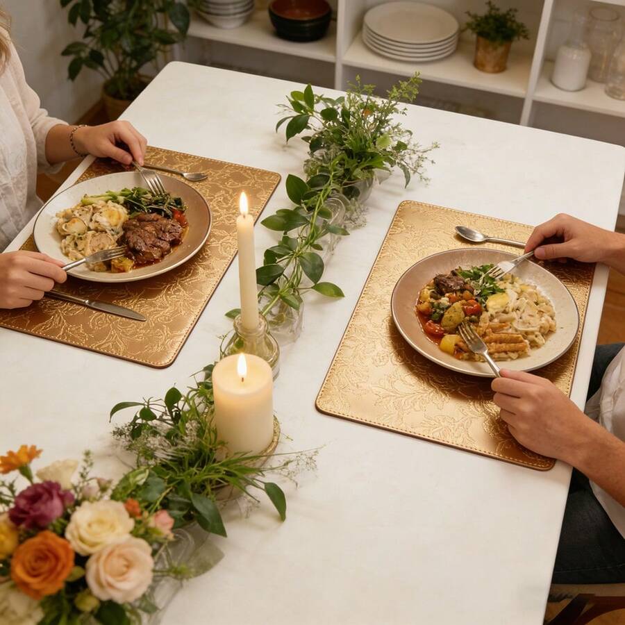 2/4/6pcs Gold Faux Leather Placemats, Embroidered Texture PVC Floral Pattern Raised Relief Placemats, 11.8inch*17.7inch Round Table Chinese/Western Style Heat Insulation Dining Table Mats - Multicolor - View 1