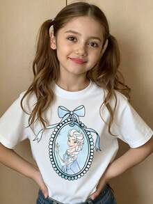 Disney Framed Elsa Princess Themed T-Shirt, Girls' Summer Travel Sweet Style Cotton Short Sleeve Top - 白色 - 查看 1