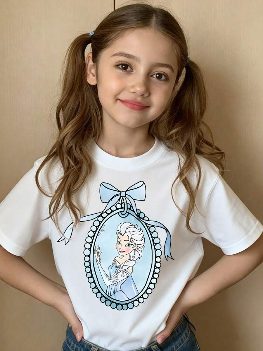 Disney Framed Elsa Princess Themed T-Shirt, Girls' Summer Travel Sweet Style Cotton Short Sleeve Top - 白色 - 查看 1