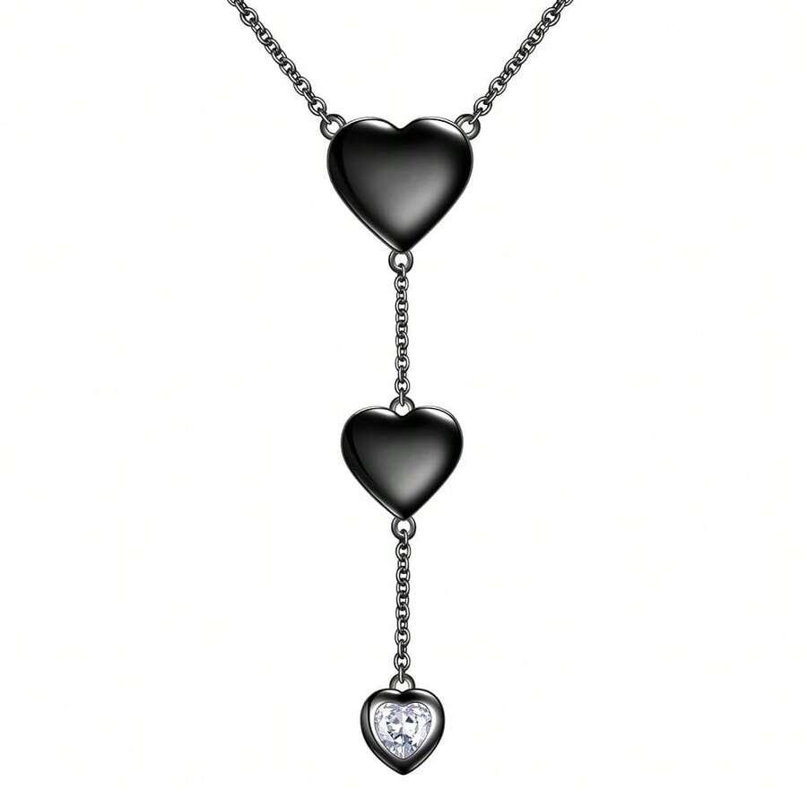 Love Heart Necklaces Sliver/Black Gun Plated Romantic Heart Y-Necklaces Jewelry For Women And Men KP0249 - 黑色 - 查看 1