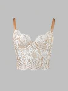 Floral Lace Deep V-Neck Camisole - Sheer Mesh Tank Top - Apricot - View 1