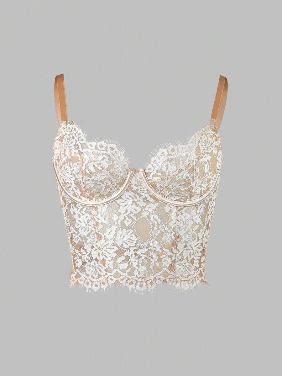 Floral Lace Deep V-Neck Camisole - Sheer Mesh Tank Top - Apricot - View 1