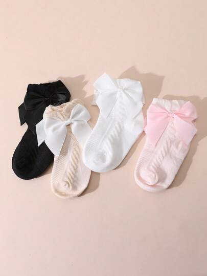 4 Pairs Baby Girls' Cotton Bow Decor Mesh Short Socks, Spring/Summer Daily Wear